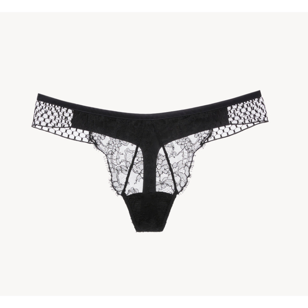 NWT $240 La Perla Selta Silk Thong in Black Size M Women Lace Panties underwear